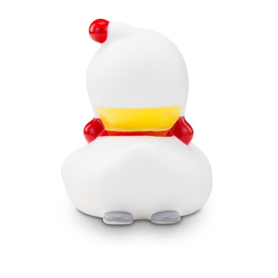 gelbe Werbeente Sarah Skischwung mit rot-weißen Anzug, Skibrille und Skistöckern, Größe: ca. 8 cm. Inklusive Quietschventil