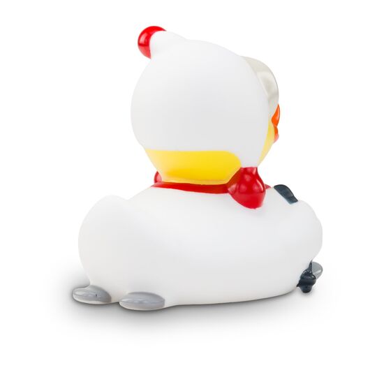 gelbe Werbeente Sarah Skischwung mit rot-weißen Anzug, Skibrille und Skistöckern, Größe: ca. 8 cm. Inklusive Quietschventil