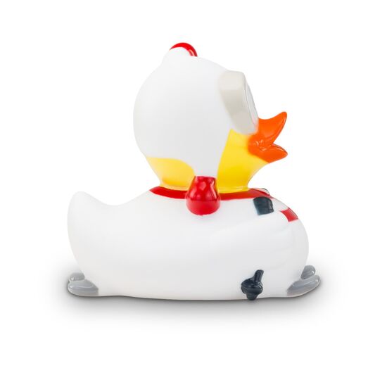 gelbe Werbeente Sarah Skischwung mit rot-weißen Anzug, Skibrille und Skistöckern, Größe: ca. 8 cm. Inklusive Quietschventil