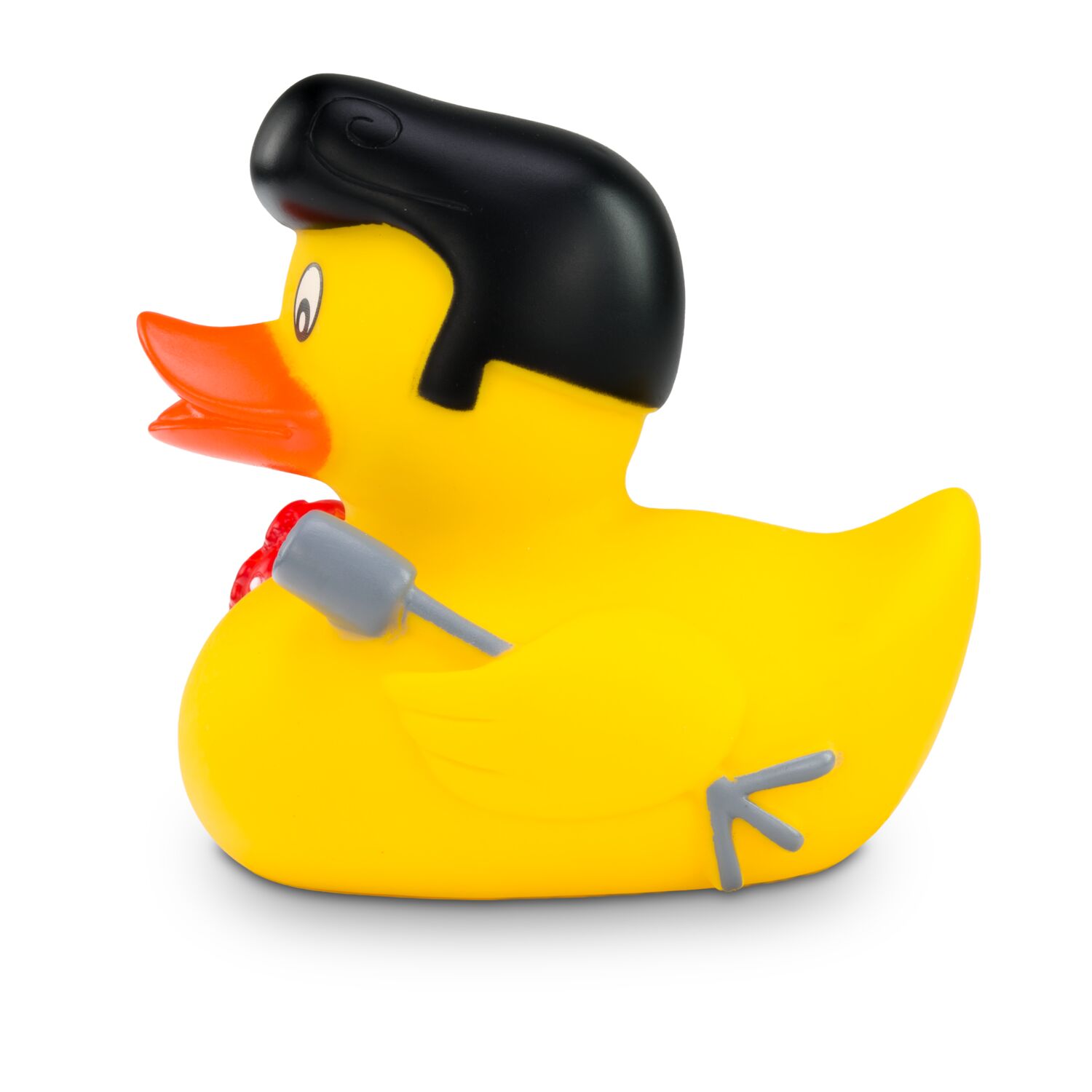 gelbe Werbeente Rocky Roll mit Haartolle, Rosen und Mikrofon, Größe: ca. 8 cm. Inklusive Quietschventil
