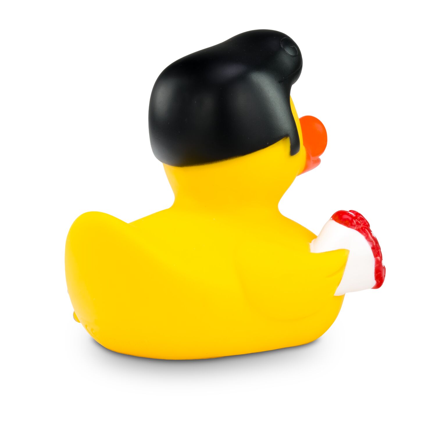 gelbe Werbeente Rocky Roll mit Haartolle, Rosen und Mikrofon, Größe: ca. 8 cm. Inklusive Quietschventil
