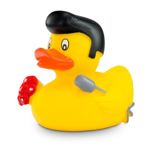 gelbe Werbeente Rocky Roll mit Haartolle, Rosen und Mikrofon, Größe: ca. 8 cm. Inklusive Quietschventil