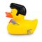 gelbe Werbeente Rocky Roll mit Haartolle, Rosen und Mikrofon, Größe: ca. 8 cm. Inklusive Quietschventil