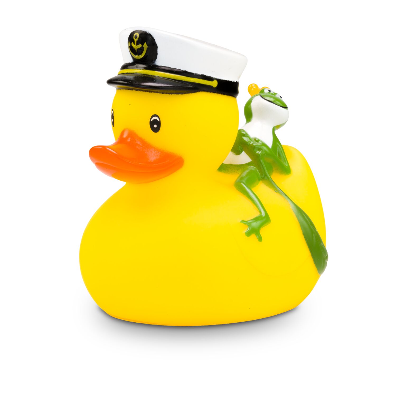 gelbe Werbeente Karl Kapitän mit Kapitänsmütze und Froschkönig auf dem Rücken, Größe: ca. 8 cm. Inklusive Quietschventil