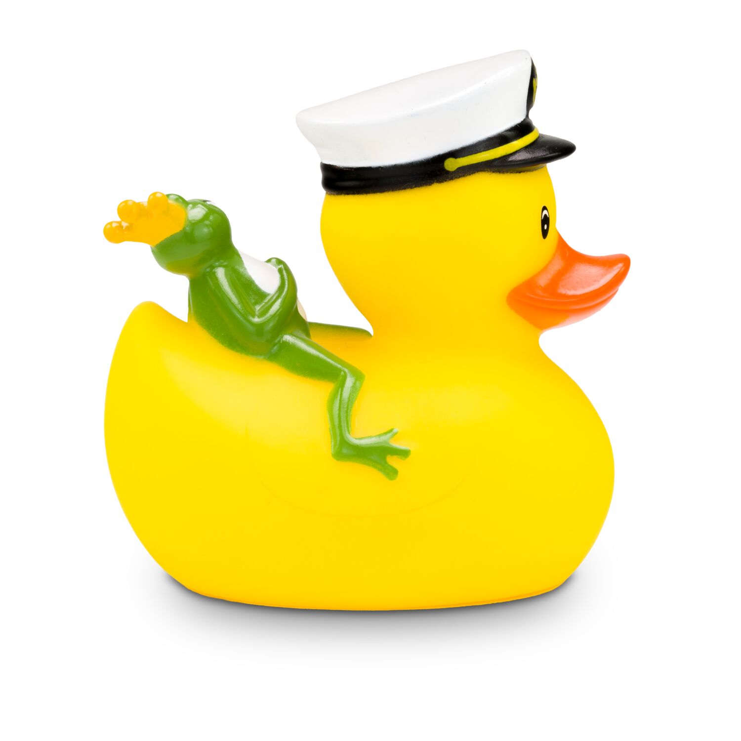 gelbe Werbeente Karl Kapitän mit Kapitänsmütze und Froschkönig auf dem Rücken, Größe: ca. 8 cm. Inklusive Quietschventil