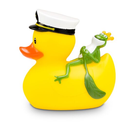 gelbe Werbeente Karl Kapitän mit Kapitänsmütze und Froschkönig auf dem Rücken, Größe: ca. 8 cm. Inklusive Quietschventil