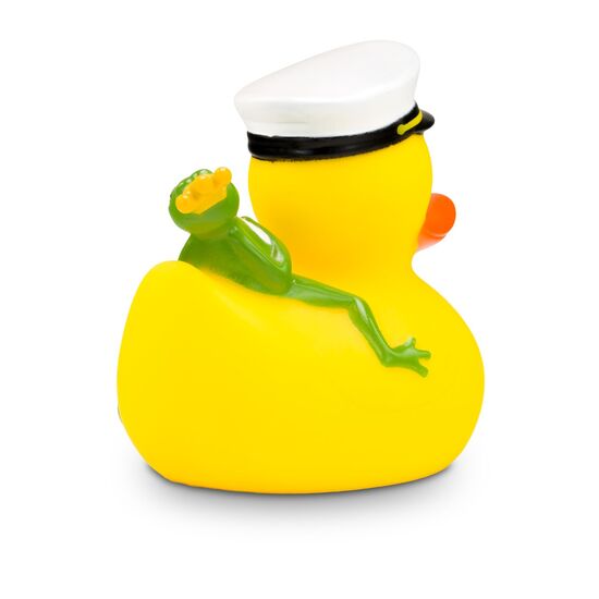 gelbe Werbeente Karl Kapitän mit Kapitänsmütze und Froschkönig auf dem Rücken, Größe: ca. 8 cm. Inklusive Quietschventil