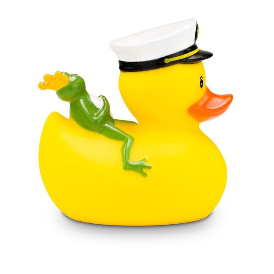 gelbe Werbeente Karl Kapitän mit Kapitänsmütze und Froschkönig auf dem Rücken, Größe: ca. 8 cm. Inklusive Quietschventil