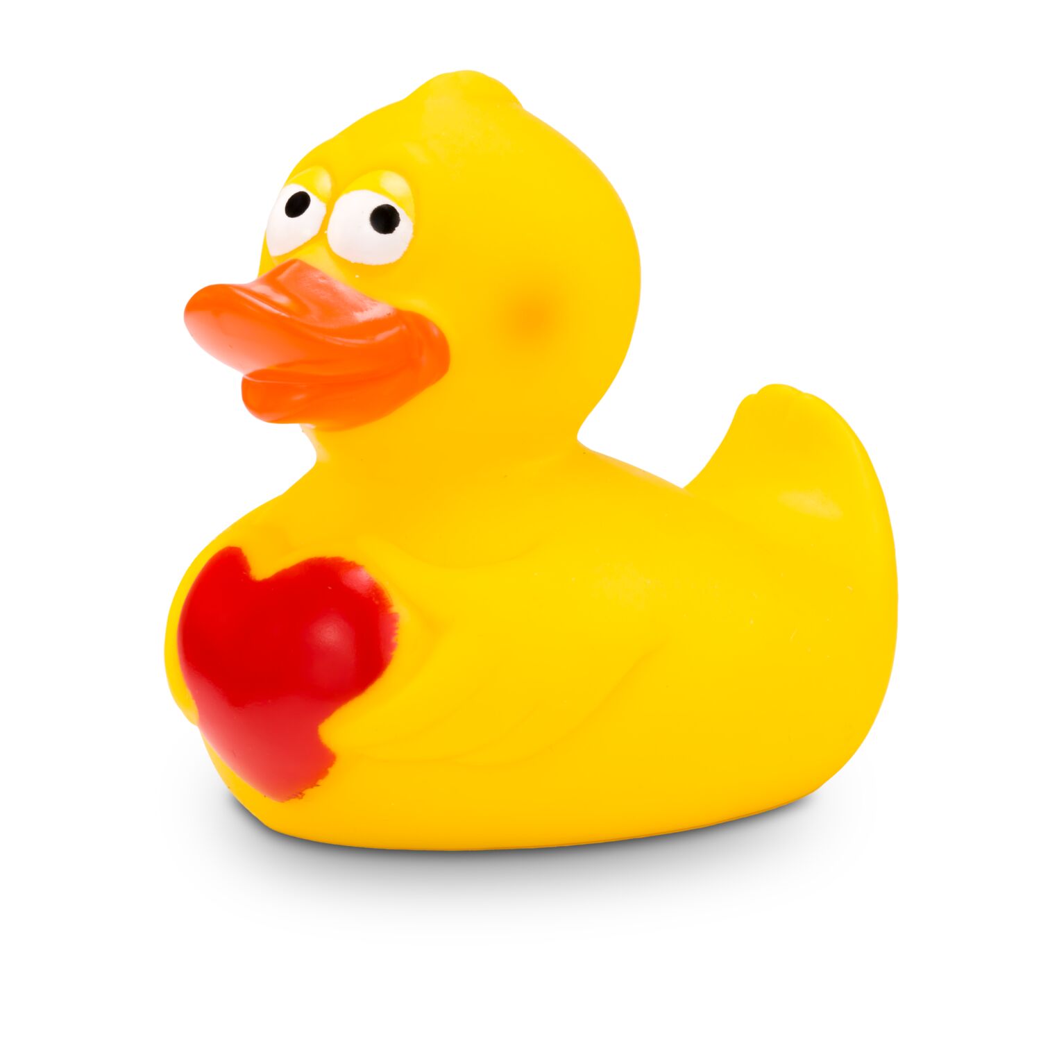 gelbe Werbeente Henriette Herz mit orangenem Schnabel und rotem Herz auf der Brust, Größe: ca. 8 cm. Inklusive Quietschventil