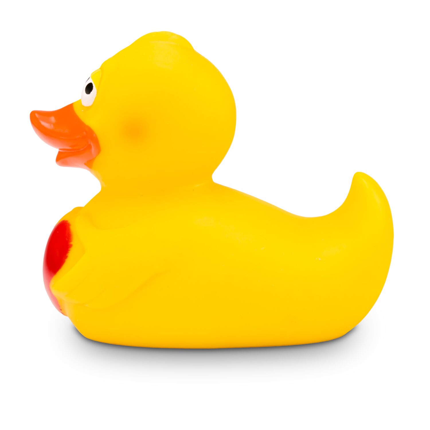gelbe Werbeente Henriette Herz mit orangenem Schnabel und rotem Herz auf der Brust, Größe: ca. 8 cm. Inklusive Quietschventil