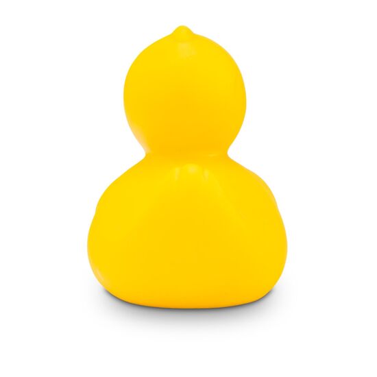 gelbe Werbeente Henriette Herz mit orangenem Schnabel und rotem Herz auf der Brust, Größe: ca. 8 cm. Inklusive Quietschventil