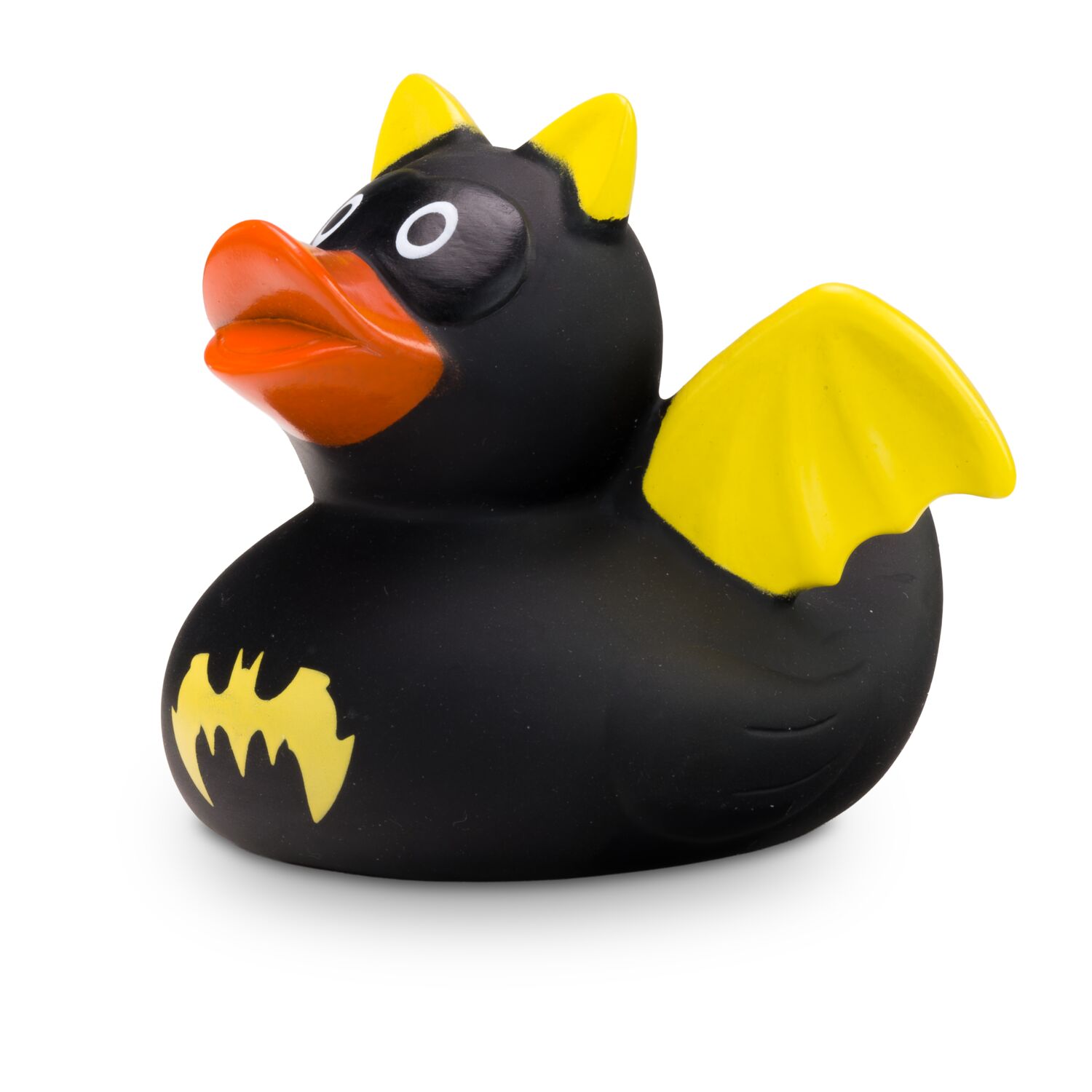 schwarz-gelbe Werbeente Batduck im Fledermauslook, Größe: ca. 8 cm. Inklusive Quietschventil