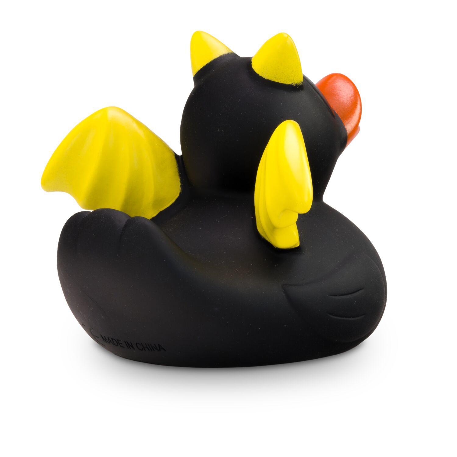 schwarz-gelbe Werbeente Batduck im Fledermauslook, Größe: ca. 8 cm. Inklusive Quietschventil