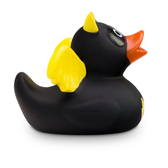 schwarz-gelbe Werbeente Batduck im Fledermauslook, Größe: ca. 8 cm. Inklusive Quietschventil
