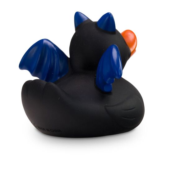 schwarz-blaue Werbeente Batduck im Fledermauslook, Größe: ca. 8 cm. Inklusive Quietschventil
