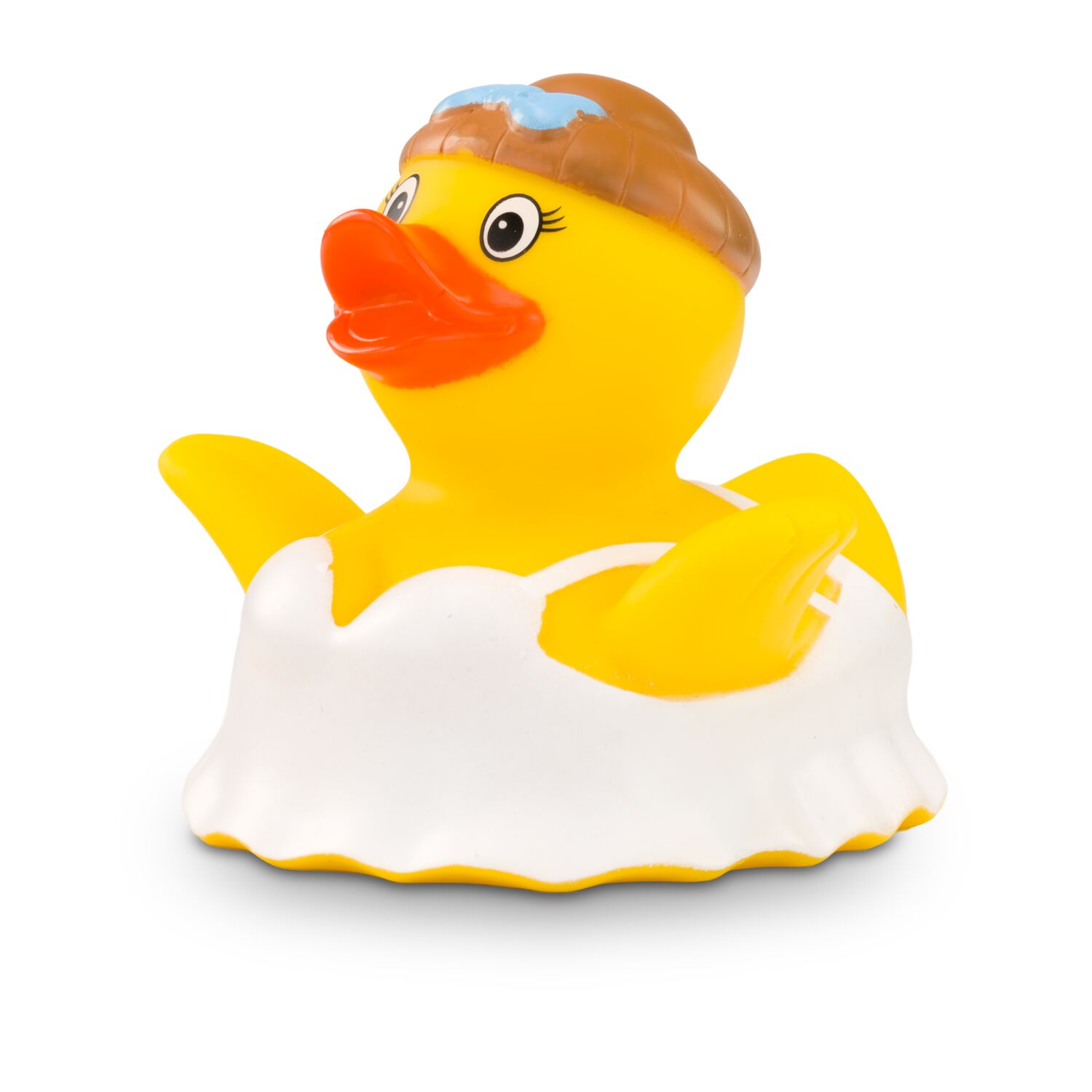 gelbe Werbeente Bella Ballerinamit Ballerina-Outfit und Hochsteck-Frisur, Größe: ca. 8 cm. Inklusive Quietschventil