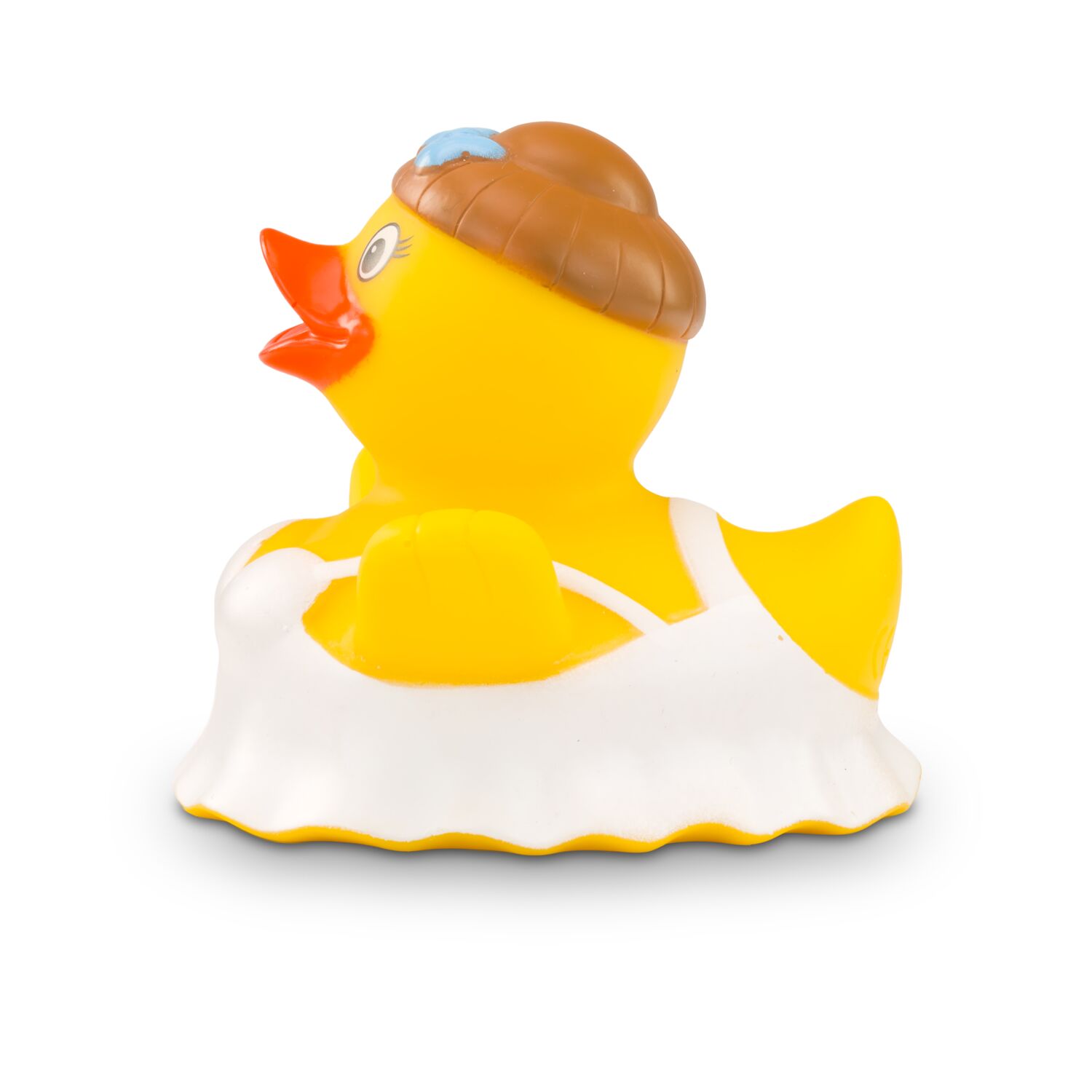 gelbe Werbeente Bella Ballerinamit Ballerina-Outfit und Hochsteck-Frisur, Größe: ca. 8 cm. Inklusive Quietschventil