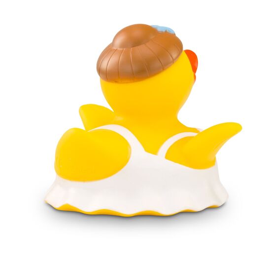 gelbe Werbeente Bella Ballerinamit Ballerina-Outfit und Hochsteck-Frisur, Größe: ca. 8 cm. Inklusive Quietschventil