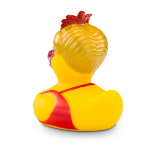 gelbe Werbeente Marie Maskenball mit Gesichtsmaske und Haarfedern, Größe: ca. 8 cm. Inklusive Quietschventil