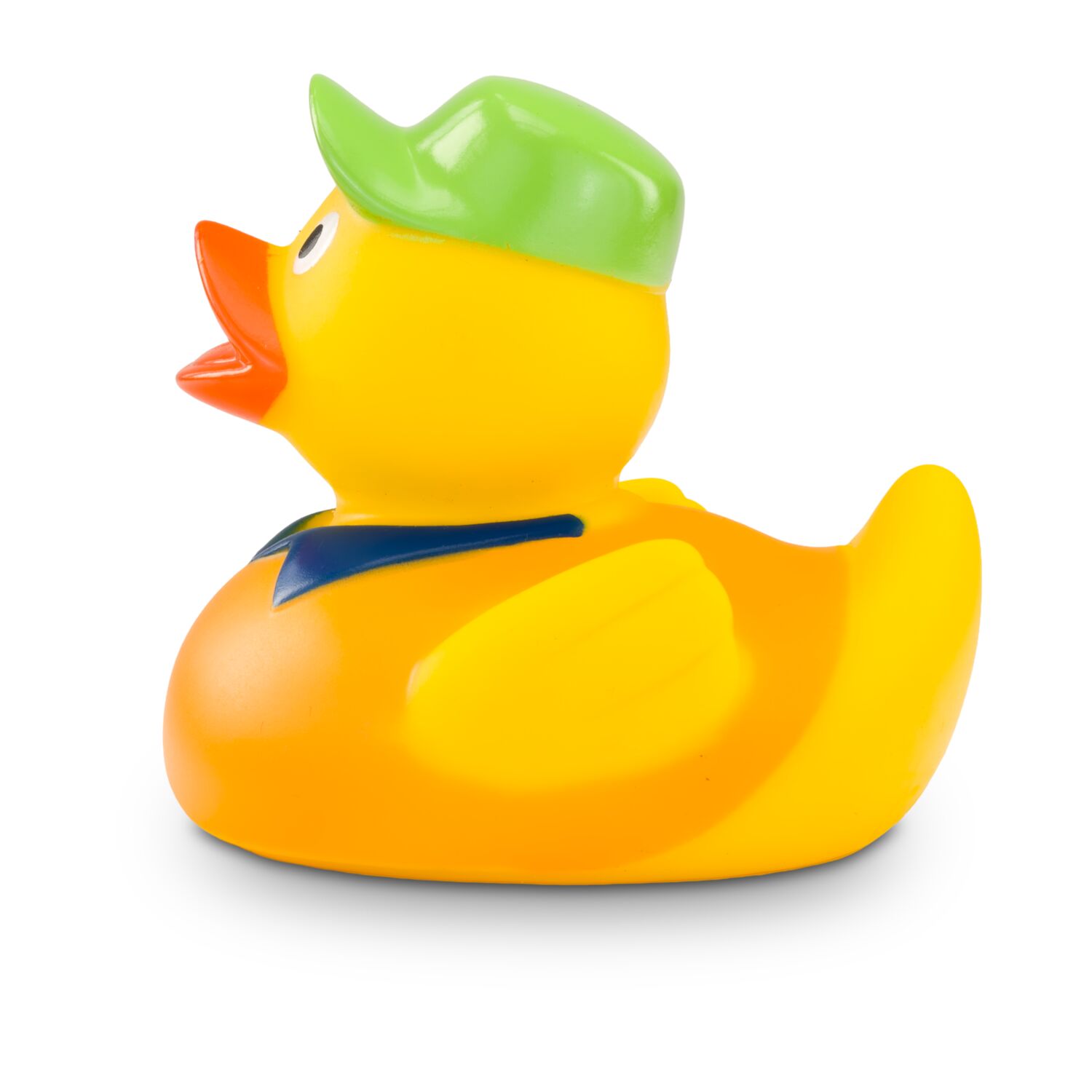 gelbe Badeente Hugo Handwerker mit orangefarbener Kappe, Hemd und Werkzeug-Gürtel. Größe: ca. 8 cm. Inklusive Quietschventil