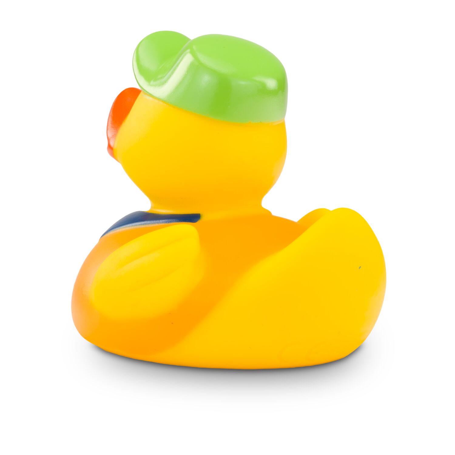 gelbe Badeente Hugo Handwerker mit orangefarbener Kappe, Hemd und Werkzeug-Gürtel. Größe: ca. 8 cm. Inklusive Quietschventil
