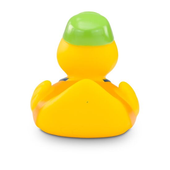 gelbe Badeente Hugo Handwerker mit orangefarbener Kappe, Hemd und Werkzeug-Gürtel. Größe: ca. 8 cm. Inklusive Quietschventil