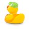 gelbe Badeente Hugo Handwerker mit orangefarbener Kappe, Hemd und Werkzeug-Gürtel. Größe: ca. 8 cm. Inklusive Quietschventil