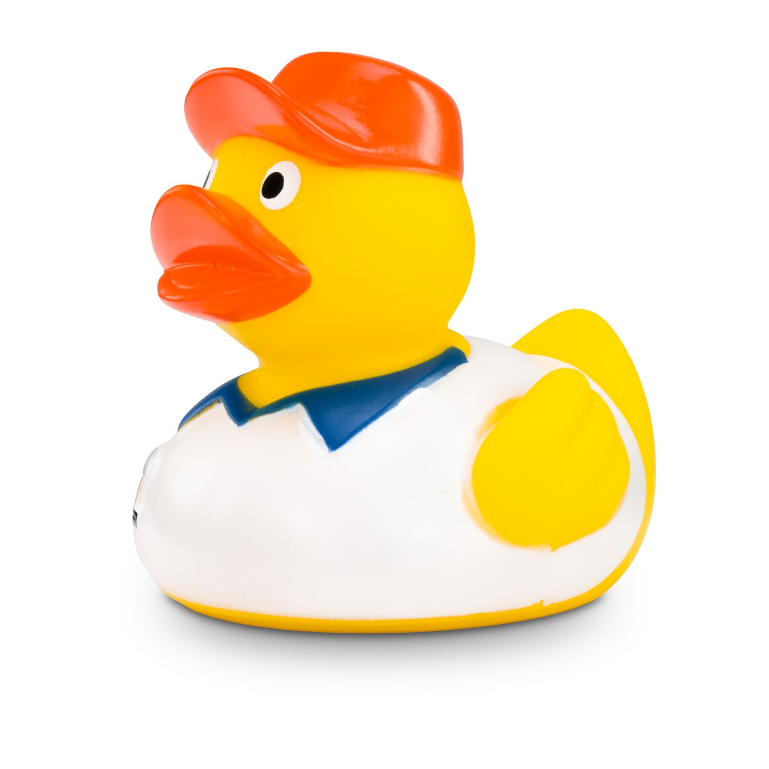 gelbe Badeente Hugo Handwerker mit grüner Kappe, Hemd und Werkzeug-Gürtel. Größe: ca. 8 cm. Inklusive Quietschventil
