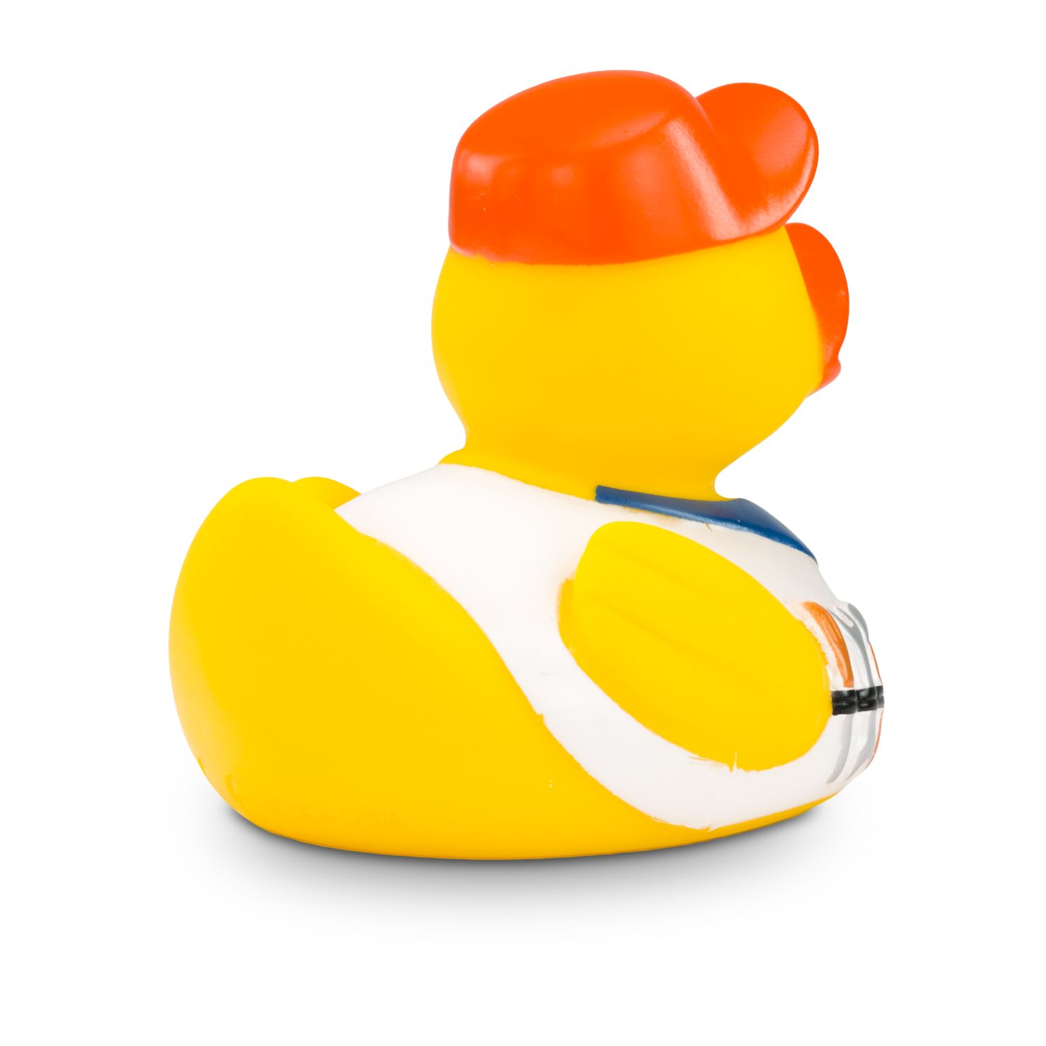 gelbe Badeente Hugo Handwerker mit grüner Kappe, Hemd und Werkzeug-Gürtel. Größe: ca. 8 cm. Inklusive Quietschventil