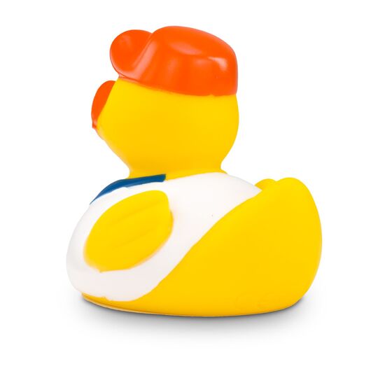 gelbe Badeente Hugo Handwerker mit grüner Kappe, Hemd und Werkzeug-Gürtel. Größe: ca. 8 cm. Inklusive Quietschventil