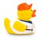 gelbe Badeente Hugo Handwerker mit grüner Kappe, Hemd und Werkzeug-Gürtel. Größe: ca. 8 cm. Inklusive Quietschventil