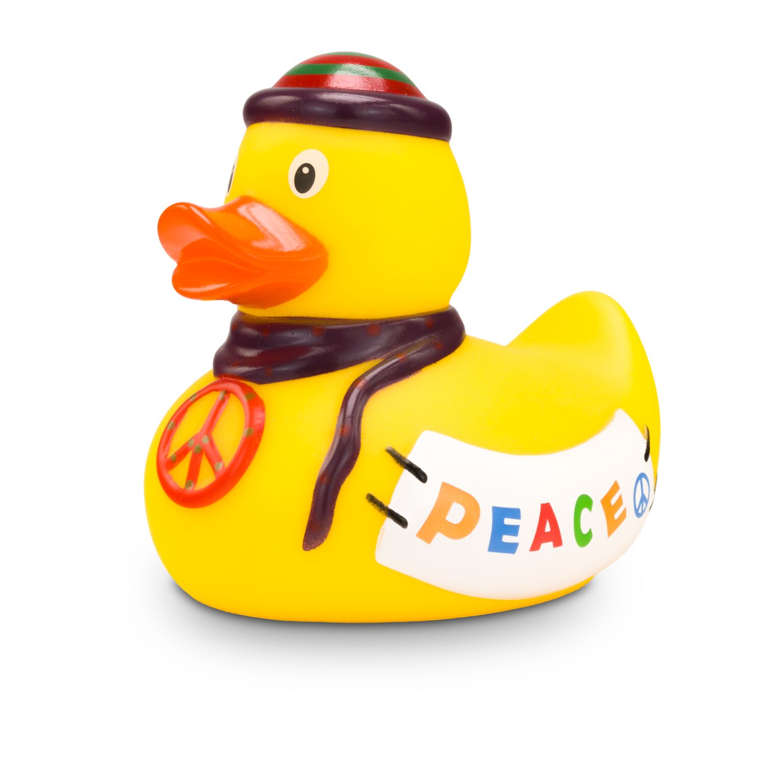 gelbe Werbeente Fridolin Frieden mit Peace-Symbol an einem braunen Band, Mütze und Banner "PEACE", Größe: ca. 8 cm. Inklusive Quietschventil