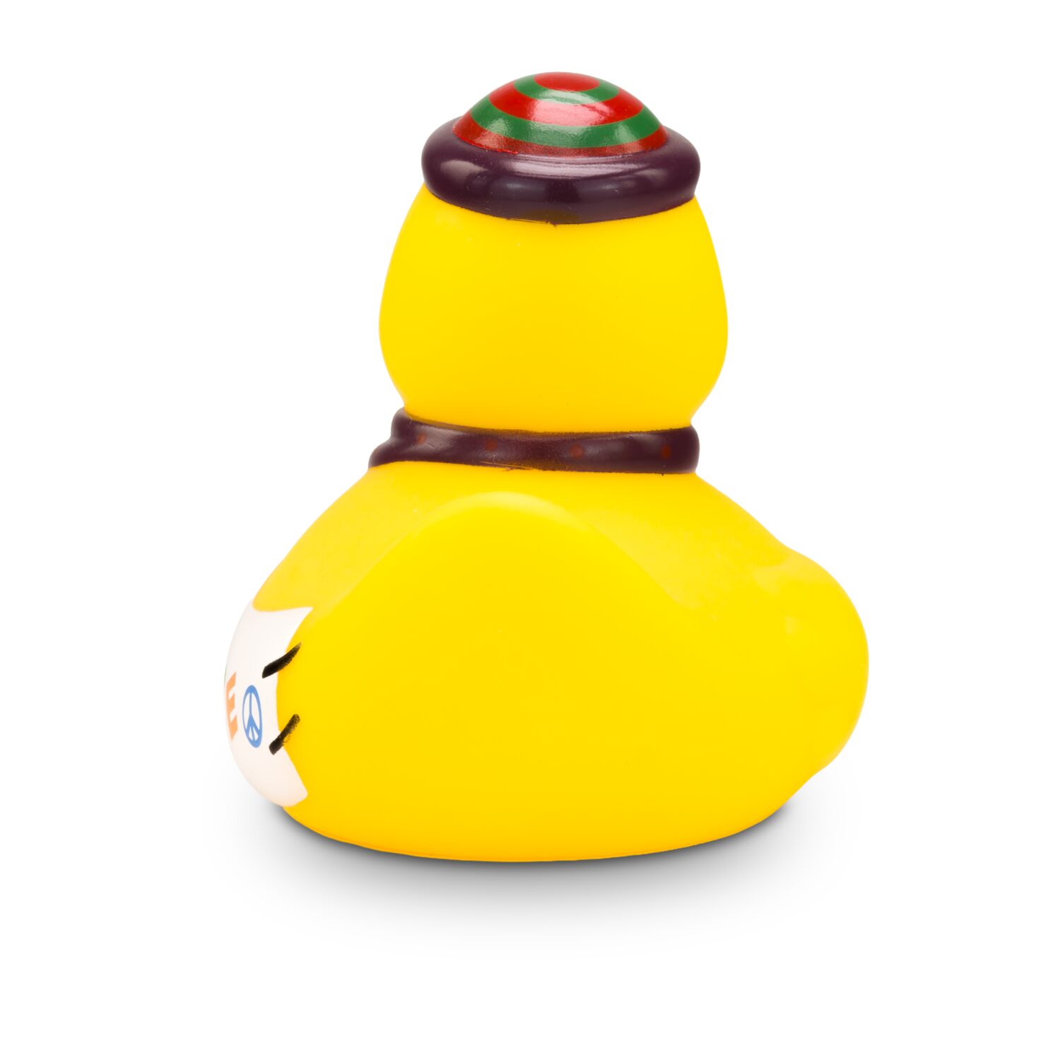 gelbe Werbeente Fridolin Frieden mit Peace-Symbol an einem braunen Band, Mütze und Banner "PEACE", Größe: ca. 8 cm. Inklusive Quietschventil