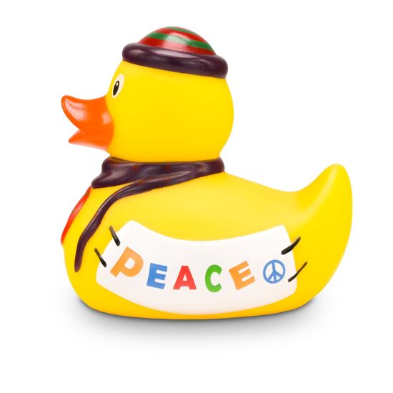 gelbe Werbeente Fridolin Frieden mit Peace-Symbol an einem braunen Band, Mütze und Banner "PEACE", Größe: ca. 8 cm. Inklusive Quietschventil