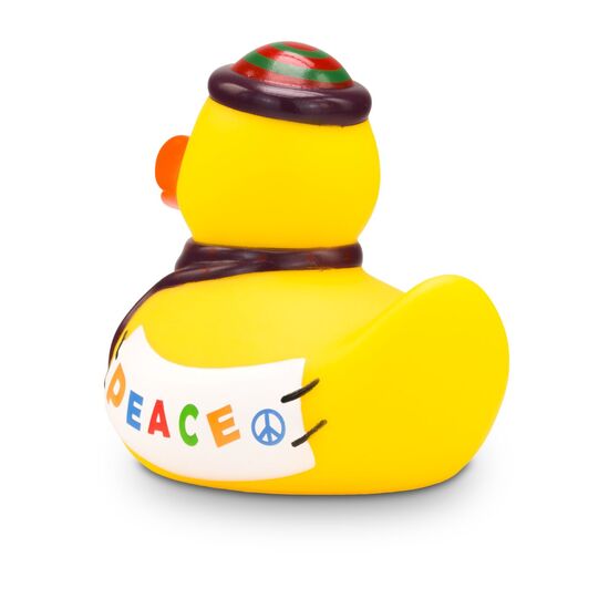 gelbe Werbeente Fridolin Frieden mit Peace-Symbol an einem braunen Band, Mütze und Banner "PEACE", Größe: ca. 8 cm. Inklusive Quietschventil