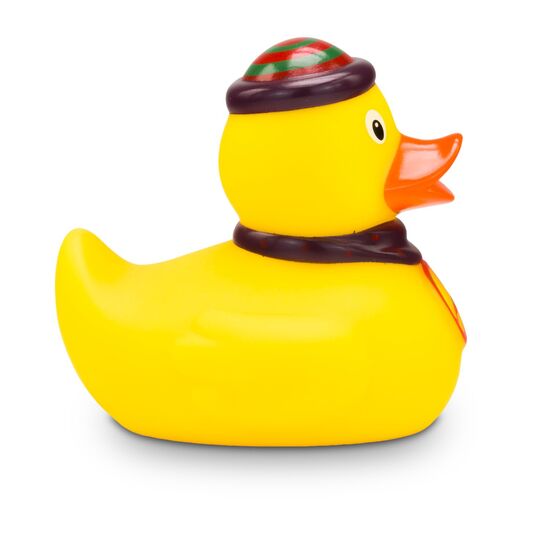 gelbe Werbeente Fridolin Frieden mit Peace-Symbol an einem braunen Band, Mütze und Banner "PEACE", Größe: ca. 8 cm. Inklusive Quietschventil