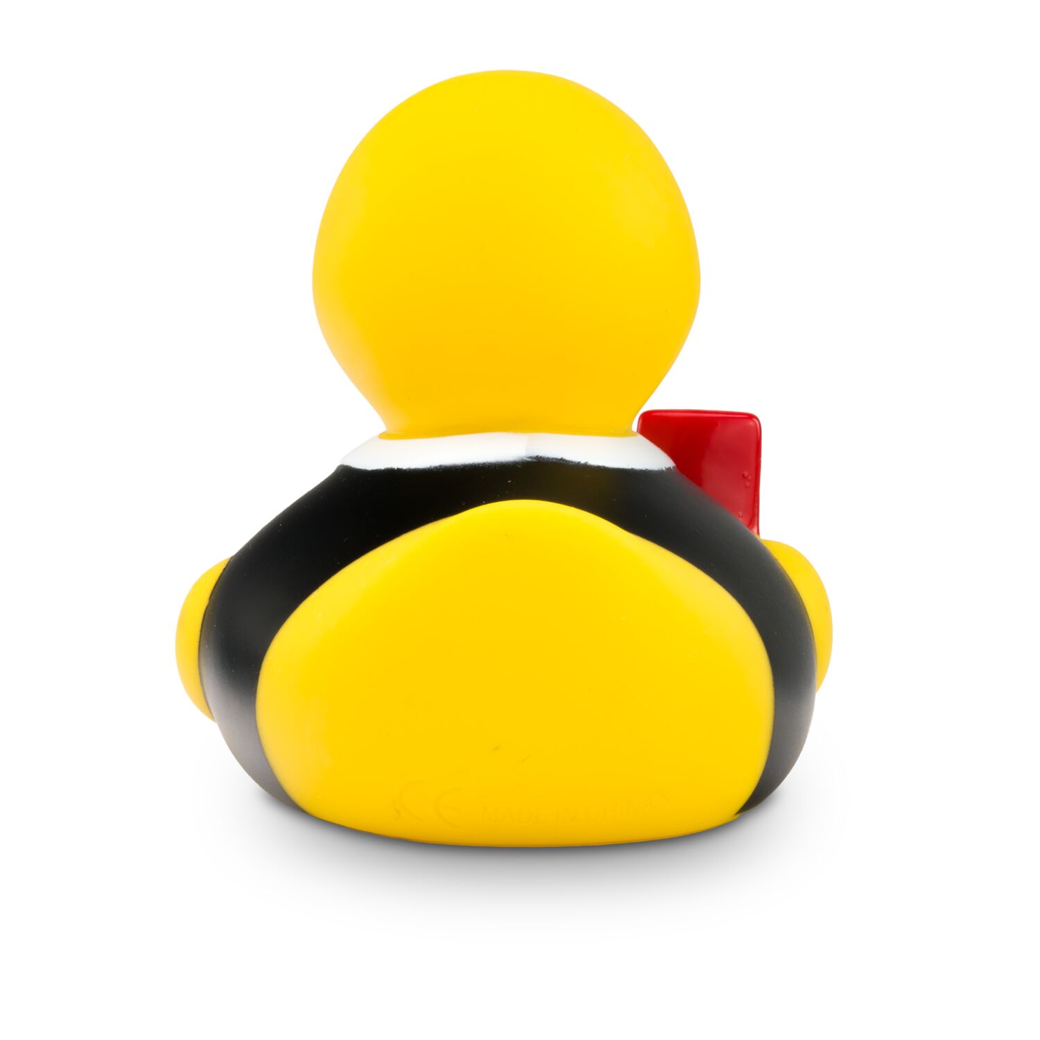 gelbe Badeente Sven Schiri mit schwarzem Trikot,einer roten Karte und Trillerpfeife, Größe: ca. 8 cm. Inklusive Quietschventil