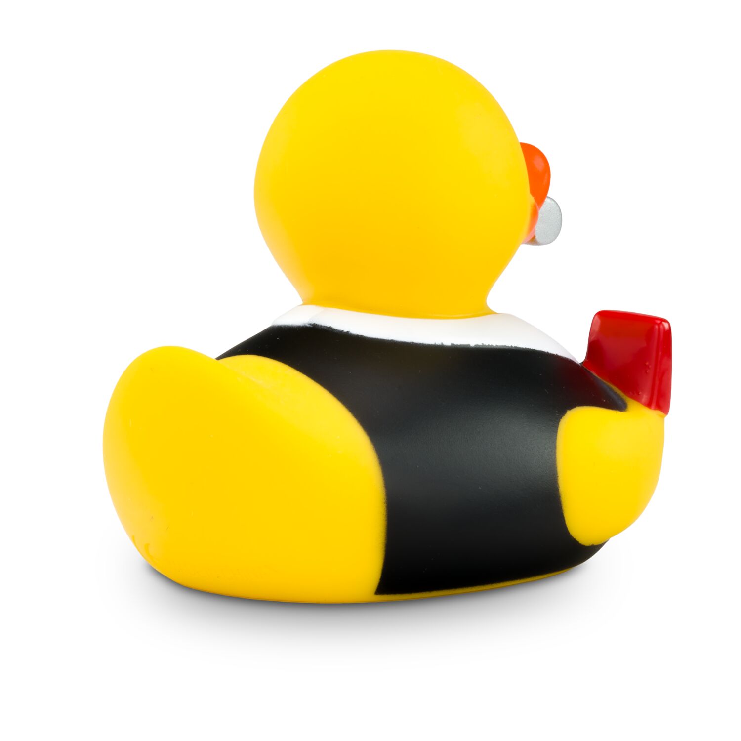 gelbe Badeente Sven Schiri mit schwarzem Trikot,einer roten Karte und Trillerpfeife, Größe: ca. 8 cm. Inklusive Quietschventil