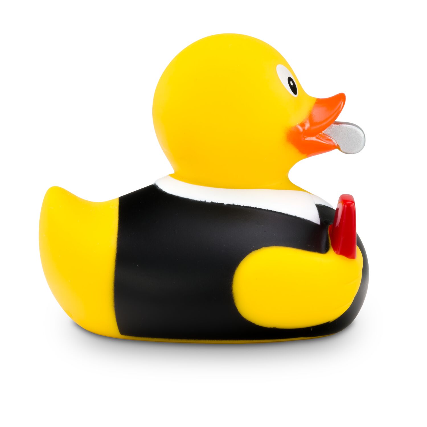 gelbe Badeente Sven Schiri mit schwarzem Trikot,einer roten Karte und Trillerpfeife, Größe: ca. 8 cm. Inklusive Quietschventil