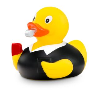 gelbe Badeente Sven Schiri mit schwarzem Trikot,einer roten Karte und Trillerpfeife, Größe: ca. 8 cm. Inklusive Quietschventil