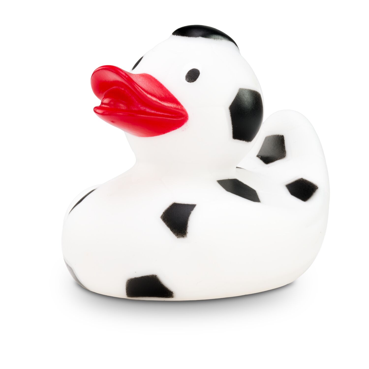 schwarz-weiße Badeente Franz Fußball mit rotem Schnabel. Größe: ca. 8 cm, inklusive Quietschventil