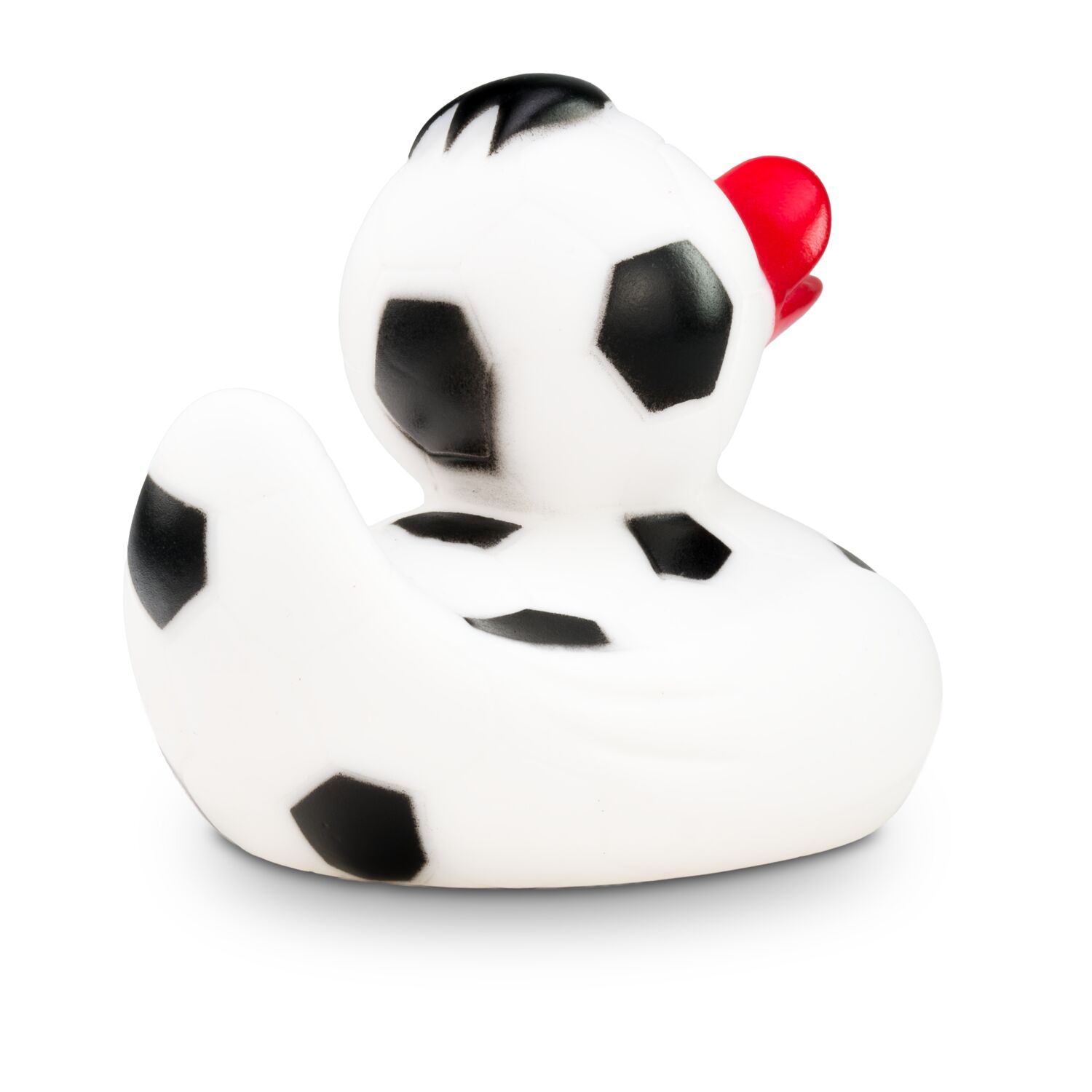 schwarz-weiße Badeente Franz Fußball mit rotem Schnabel. Größe: ca. 8 cm, inklusive Quietschventil