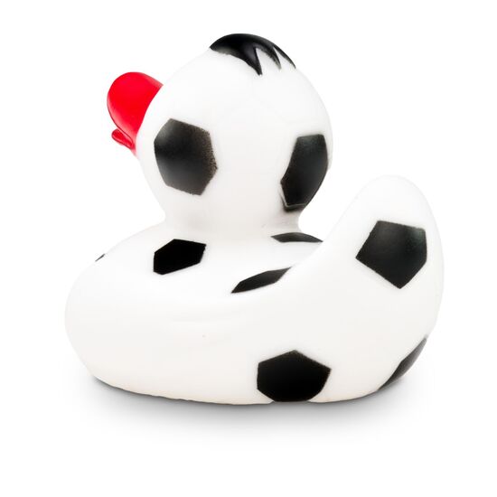 schwarz-weiße Badeente Franz Fußball mit rotem Schnabel. Größe: ca. 8 cm, inklusive Quietschventil