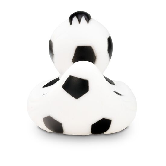 schwarz-weiße Badeente Franz Fußball mit rotem Schnabel. Größe: ca. 8 cm, inklusive Quietschventil