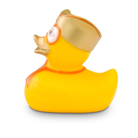 gelbe Werbeente Vicky Venedig mit Gesichts- und Kopfmaske, Blume und Halstuch, Größe: ca. 8 cm. Inklusive Quietschventil
