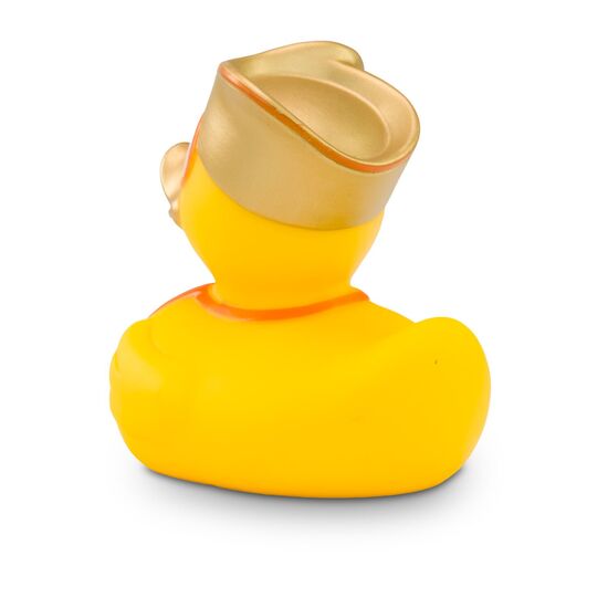 gelbe Werbeente Vicky Venedig mit Gesichts- und Kopfmaske, Blume und Halstuch, Größe: ca. 8 cm. Inklusive Quietschventil