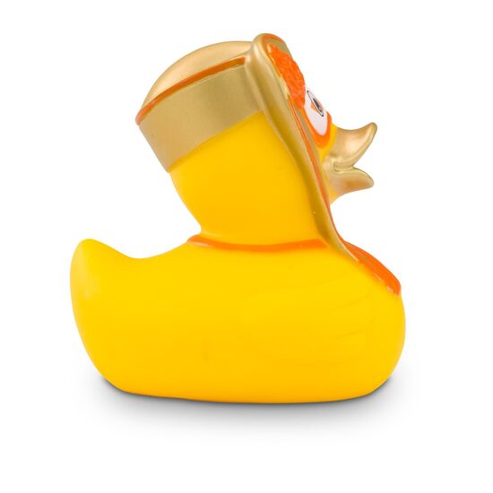 gelbe Werbeente Vicky Venedig mit Gesichts- und Kopfmaske, Blume und Halstuch, Größe: ca. 8 cm. Inklusive Quietschventil