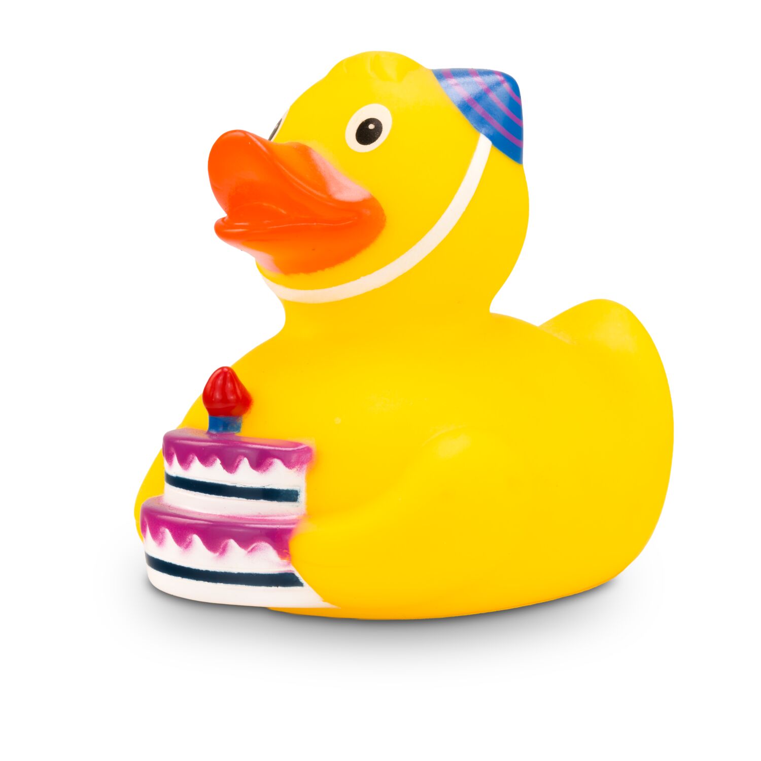gelbe Werbeente Tobi Tortenquak mit Torte und Partyhut , Größe: ca. 8 cm. Inklusive Quietschventil
