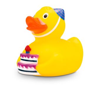 gelbe Werbeente Tobi Tortenquak mit Torte und Partyhut , Größe: ca. 8 cm. Inklusive Quietschventil