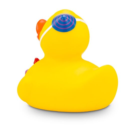 gelbe Werbeente Tobi Tortenquak mit Torte und Partyhut , Größe: ca. 8 cm. Inklusive Quietschventil